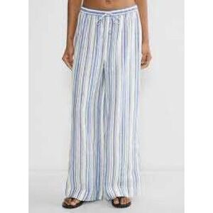 Little Moon Aritzia Wide Leg Striped Pants XS Blue White Linen Blend Drawstring